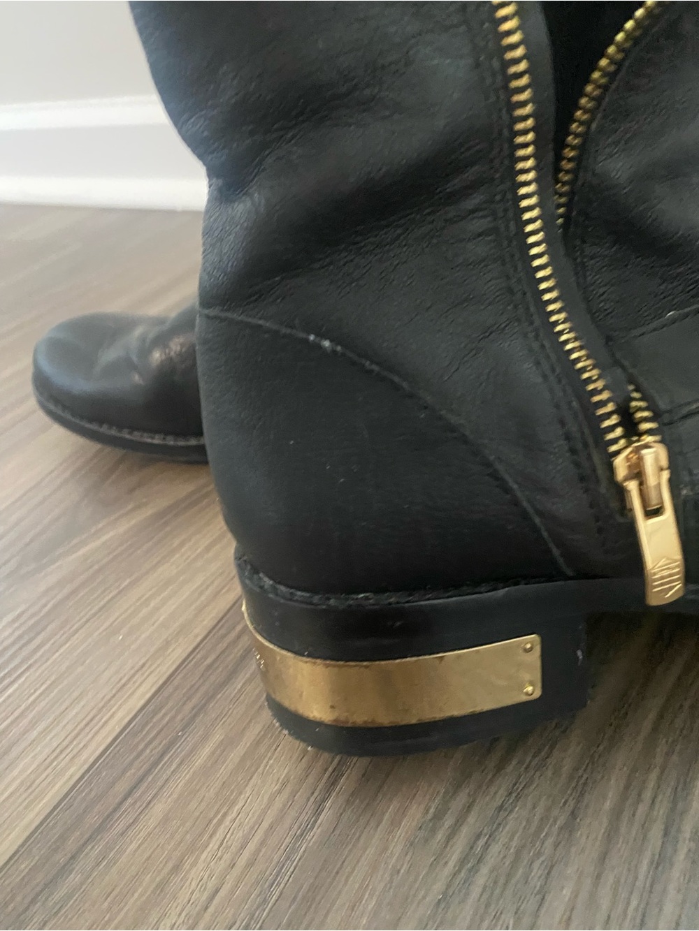 Vince Camuto Black Leather Mid-Calf Boots with Gold Hardware - Picture 4 of 5